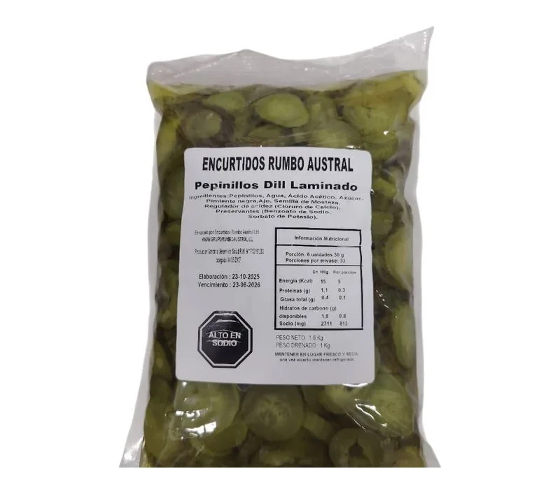 PEPINILLO DILL LAMINADO RECETA CHILENARUMBO AUSTRAL BOLSA 1 KILO CAJA 10 KG