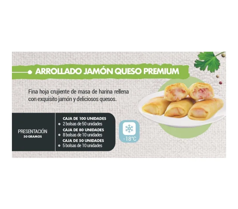 ARROLLADO JAMON QUESO BOLSA GRANDE PREMIUM 50 GRS CAJA 2 BOLSAS DE 50 UNIDADES