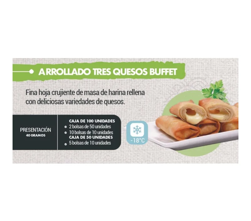 ARROLLADO TRES QUESOS BOLSA PEQUEÑA BUFFET 40 GRS CAJA 10 BOLSAS DE 10 UNIDADES