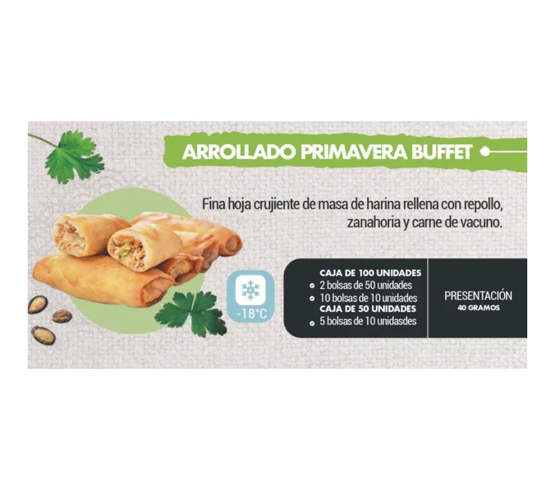 ARROLLADO PRIMAVERA BUFFET 40 GRS BOLSA PEQUEÑA CAJA 7 BOLSAS DE 10 UNIDADES