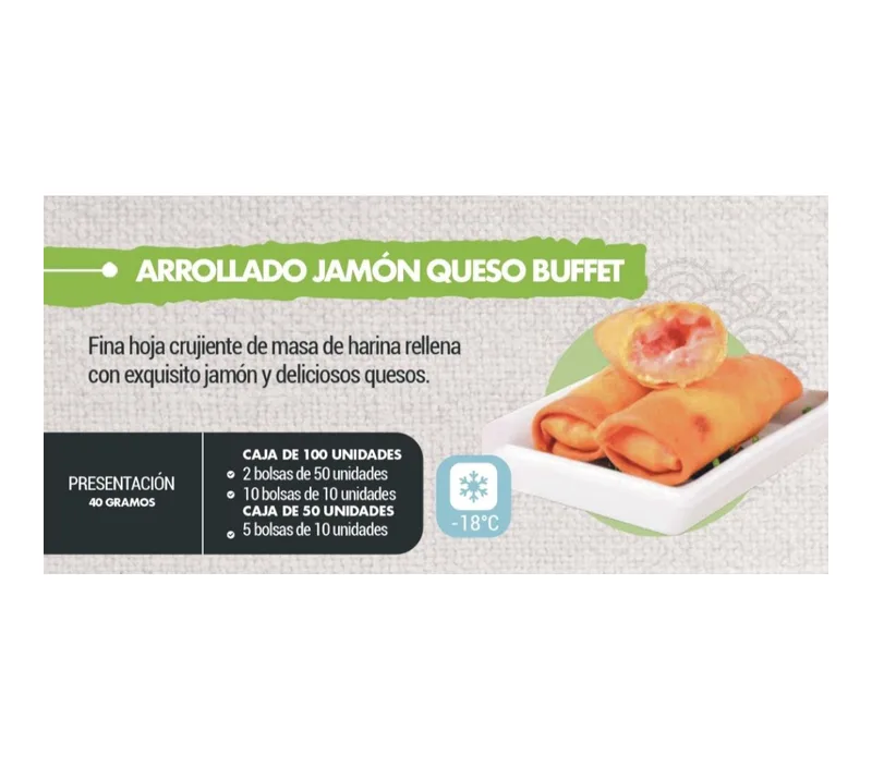 ARROLLADO JAMON QUESO BUFFET 40 GRS BOLSA GRANDE CAJA 2 BOLSAS DE 50 UNIDADES
