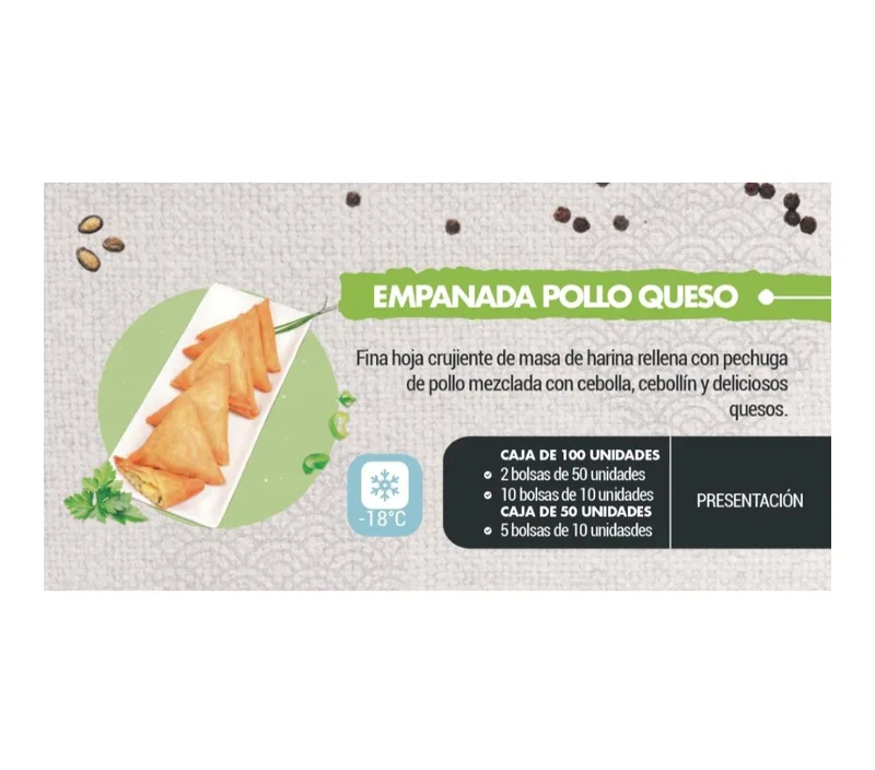 EMPANADA POLLO QUESO ORIENTAL 40 GRS BOLSA GRANDE CAJA 2 BOLSAS DE 50 UNIDADES