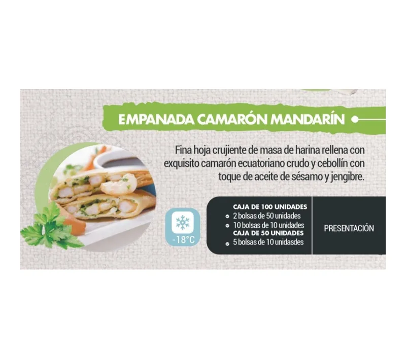 EMPANADA CAMARÓN MANDARIN ORIENTAL 40GR. BOLSA PEQUEÑA CAJA (10 BOLSAS DE 10 UNIDADES C/U)