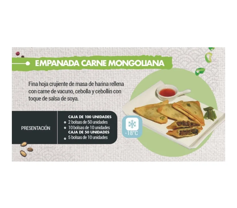 EMPANADA CARNE MONGOLIANA ORIENTAL 40GR. BOLSA PEQUEÑA CAJA (10 BOLSAS DE 10 UNIDADES C/U)