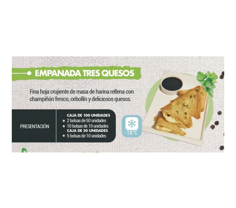 EMPANADA TRES QUESOS ORIENTAL 40GR. BOLSA GRANDE CAJA (2 BOLSAS DE 50 UNIDADES C/U)