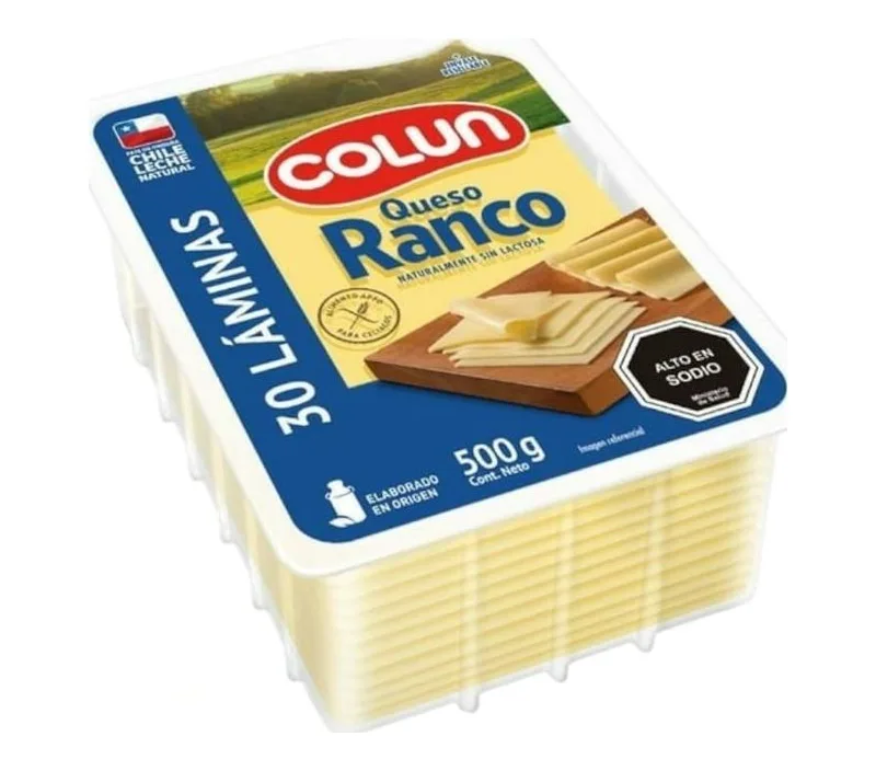 QUESO LAMINADO RANCO COLUN 500 GRS(30 LAMINAS) 6 KILOS X CAJA