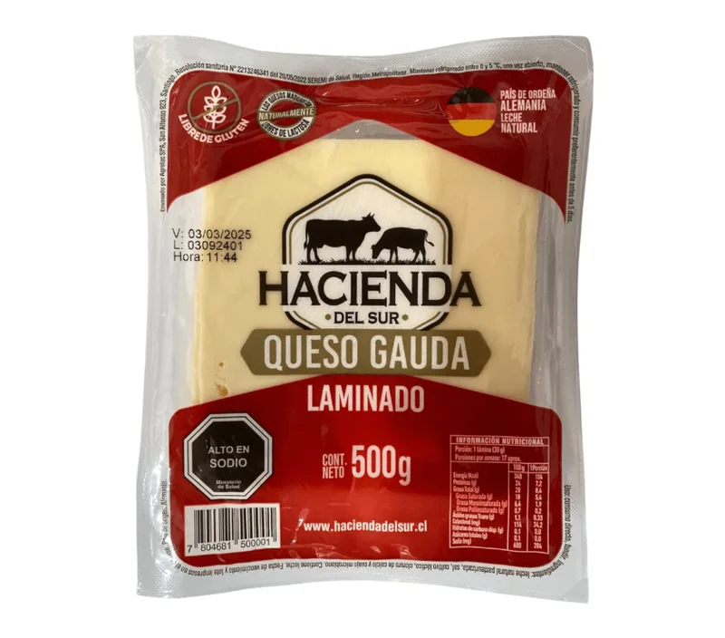 QUESO GOUDA LAMINADO LA HACIENDA 500 GR ORDEÑA ALEMANA CAJA 10 KG (20 U)